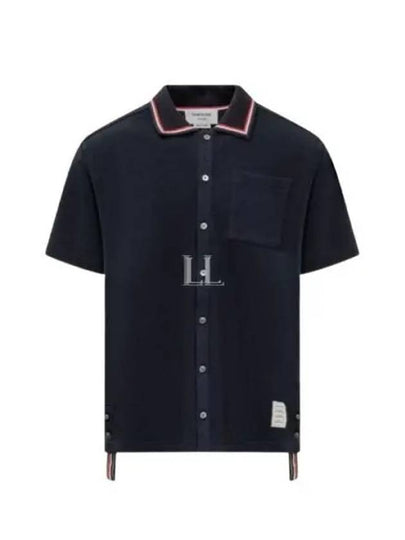 Three-Line Collar Texture Cotton Short Sleeve Shirt Navy - THOM BROWNE - BALAAN 2