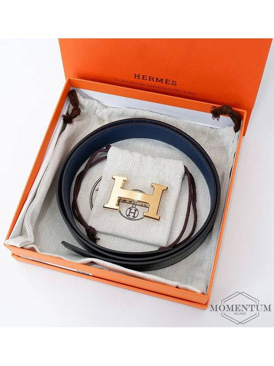 H Gold Buckle Reversible Leather Belt 32mm Noir Blue - HERMES - BALAAN 2