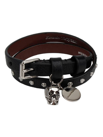 Men's Silver Skull Stud Double Leather Bracelet Black - ALEXANDER MCQUEEN - BALAAN 1