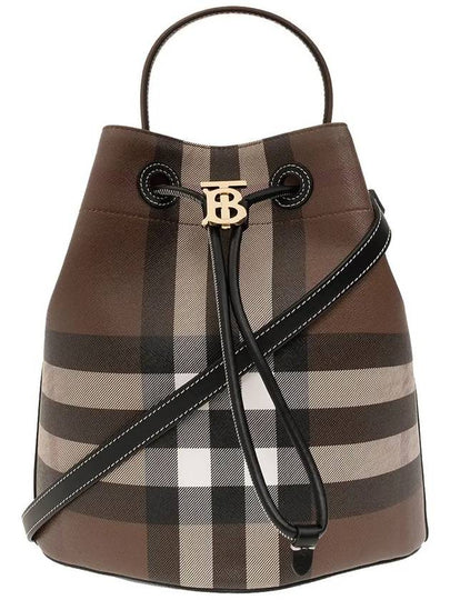 TB Logo Checked Leather Small Bucket Bag Dark Birch Brown - BURBERRY - BALAAN 2