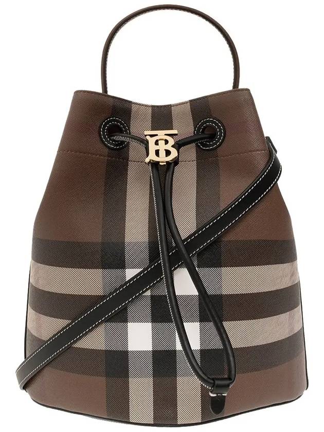 TB Logo Checked Leather Small Bucket Bag Dark Birch Brown - BURBERRY - BALAAN 2