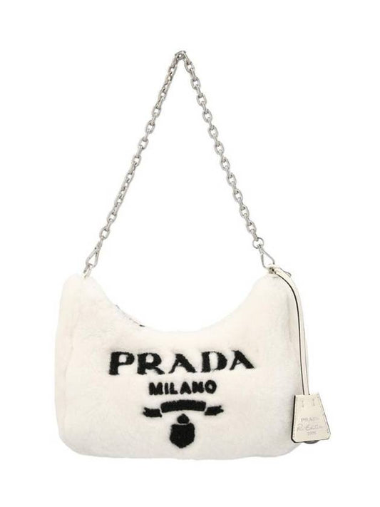 Embroidered Logo Fur Shoulder Bag White - PRADA - BALAAN 1