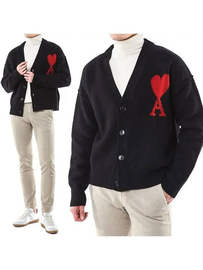 Heart Logo V Neck Wool Cardigan Black - AMI - BALAAN 2