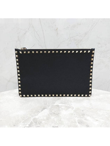 Lux You Black Gold Rockstud Leather Clutch Bag - VALENTINO - BALAAN 1