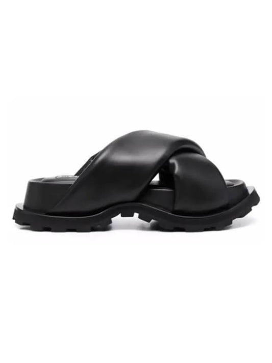 Cross Strap Padded Leather Slippers Black - JIL SANDER - BALAAN 1