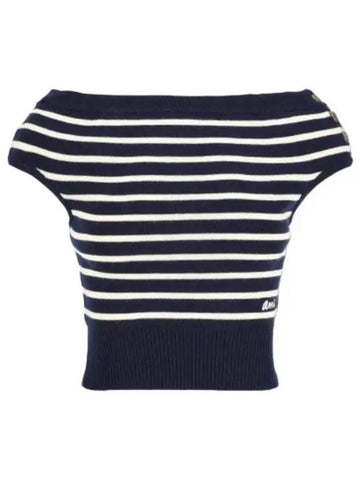 Logo Stripe Off Shoulder Sleeveless Knit Navy White - AMI - BALAAN 1