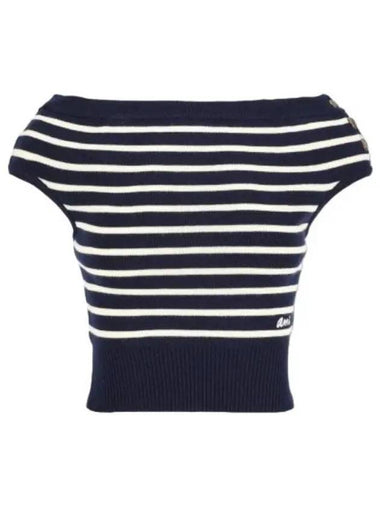 Logo Stripe Off Shoulder Sleeveless Knit Navy White - AMI - BALAAN 1