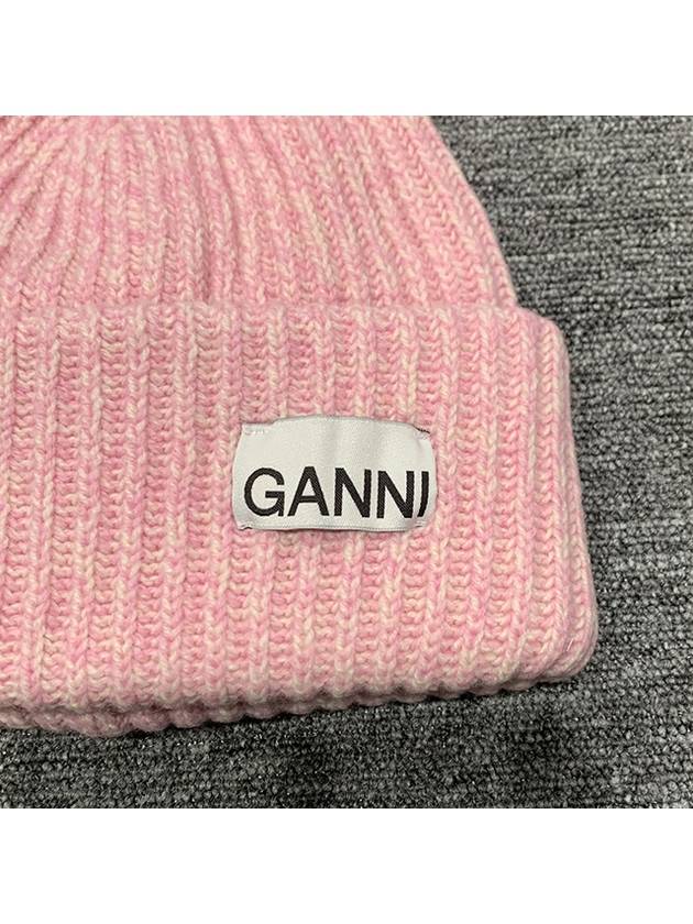 Logo Patch Knit Beanie Pink - GANNI - BALAAN 4