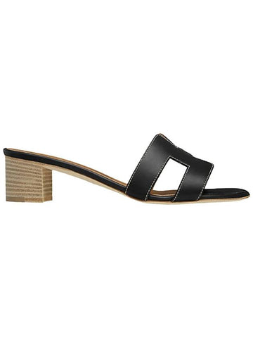 Oasis Calfskin Slipper Heels Noir Piqures Ecrues - HERMES - BALAAN.