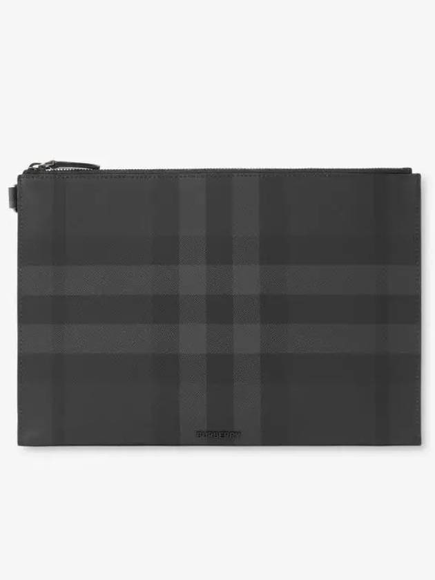 Check Large Zip Pouch Clutch Bag Charcoal - BURBERRY - BALAAN 3