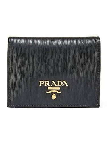 Vitello Gold Logo Leather Half Wallet Black - PRADA - BALAAN 1