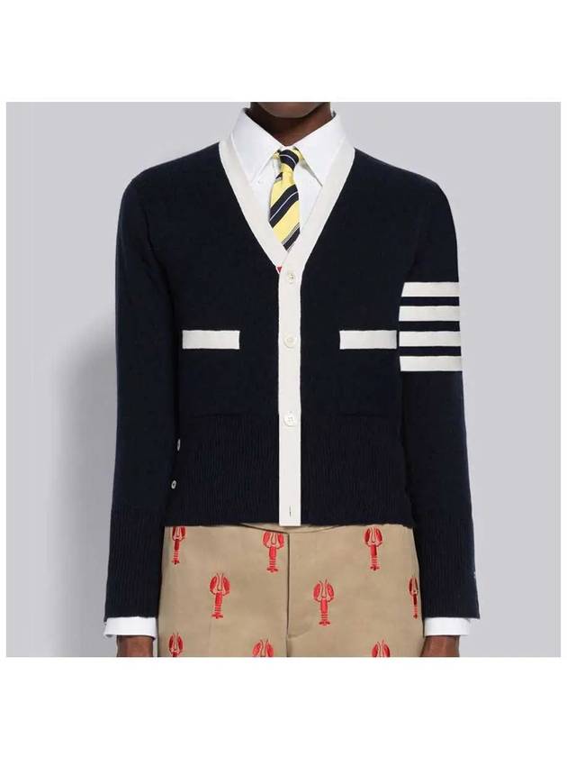 Men's Cashmere 4 Bar Stripe V-neck Cardigan navy - THOM BROWNE - BALAAN 3