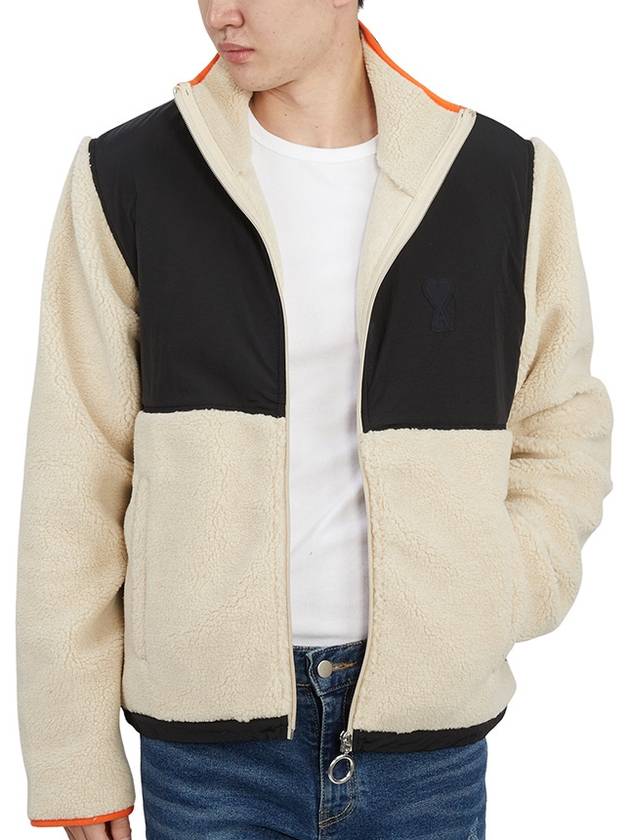 Logo Zip-up Shearling Jacket Beige - AMI - BALAAN 7