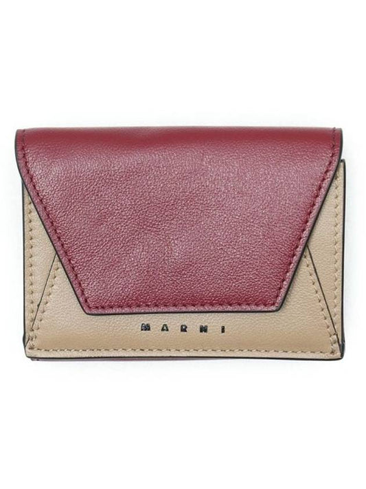 Men's Compact Tri-Fold Leather Half Wallet Wine Dune - MARNI - BALAAN 2