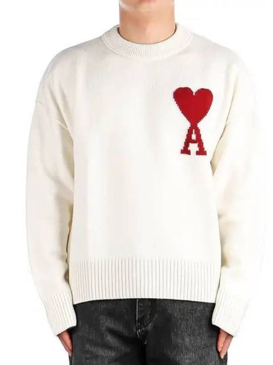 Intarsia Big Heart Logo Wool Knit Top Ivory - AMI - BALAAN 2