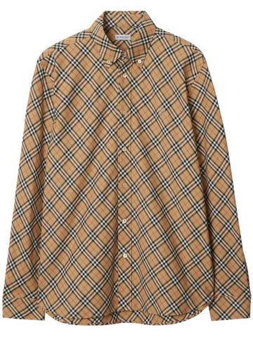 B Shield Embroidered Check Cotton Long Sleeve Shirt Sand - BURBERRY - BALAAN 1