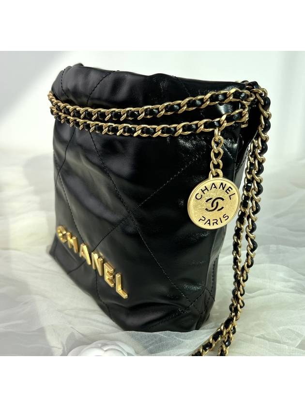 22 Gold Logo Shiny Calfskin Mini Shoulder Bag Black - CHANEL - BALAAN 7