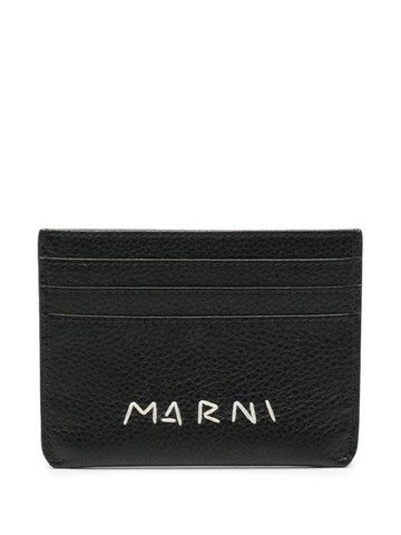 Embroidered Logo Leather Card Wallet Black - MARNI - BALAAN 1