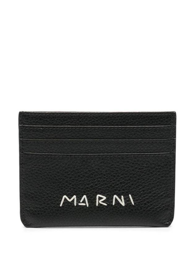 Embroidered Logo Leather Card Wallet Black - MARNI - BALAAN 1