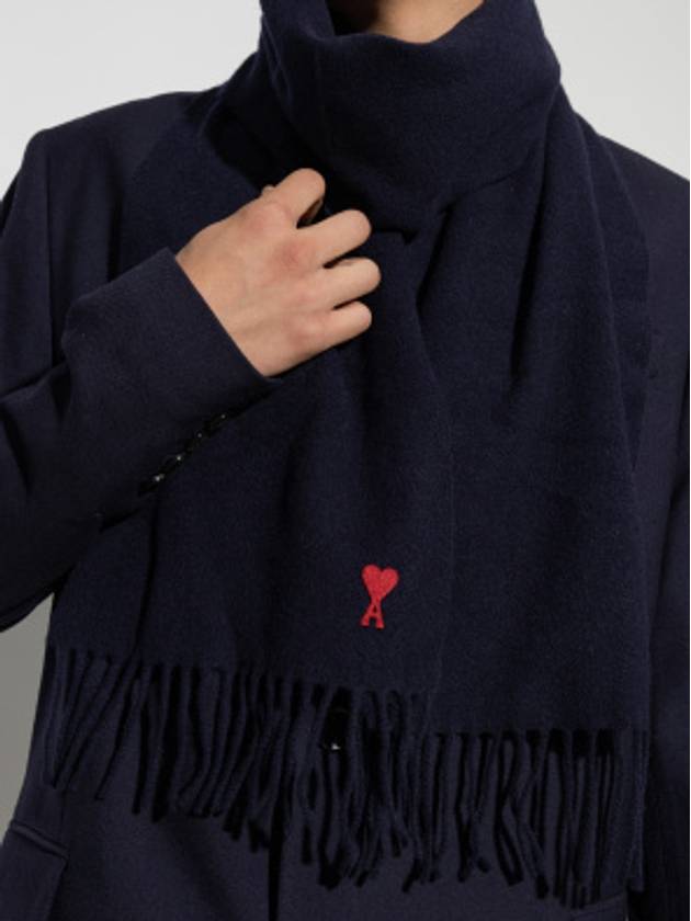 Small Heart Logo Wool Scarf Navy - AMI - BALAAN 8