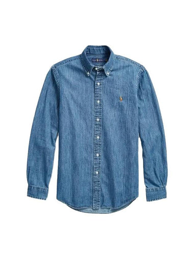 Embroidery Logo Classic Fit Denim Long Sleeve Shirt Blue - POLO RALPH LAUREN - BALAAN 1