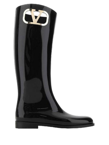 V Logo Leather Rain Boots Black - VALENTINO - BALAAN 1