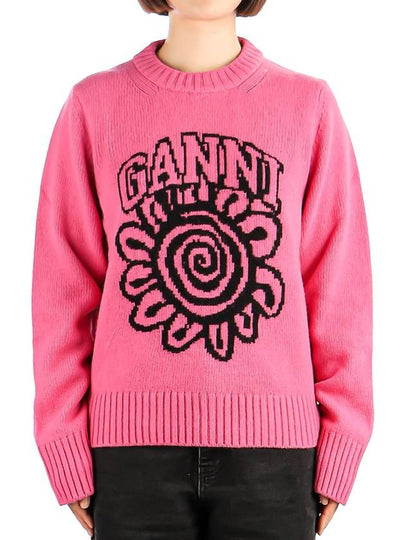 Pink Flower Graphic O-Neck Knit Top Pink - GANNI - BALAAN 2