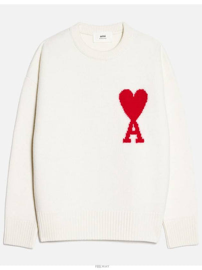 Big Heart Logo Oversized Intarsia Knit Top White - AMI - BALAAN 2