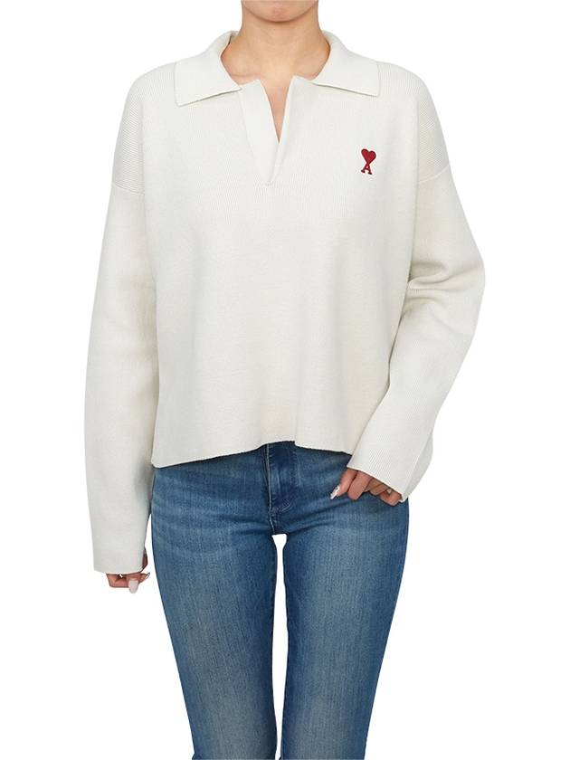 Small Heart Long Sleeve Polo Shirt White - AMI - BALAAN 5