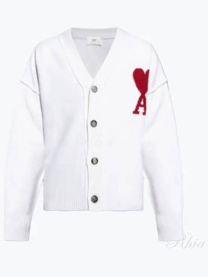 Heart Logo V Neck Wool Cardigan Off White - AMI - BALAAN 2