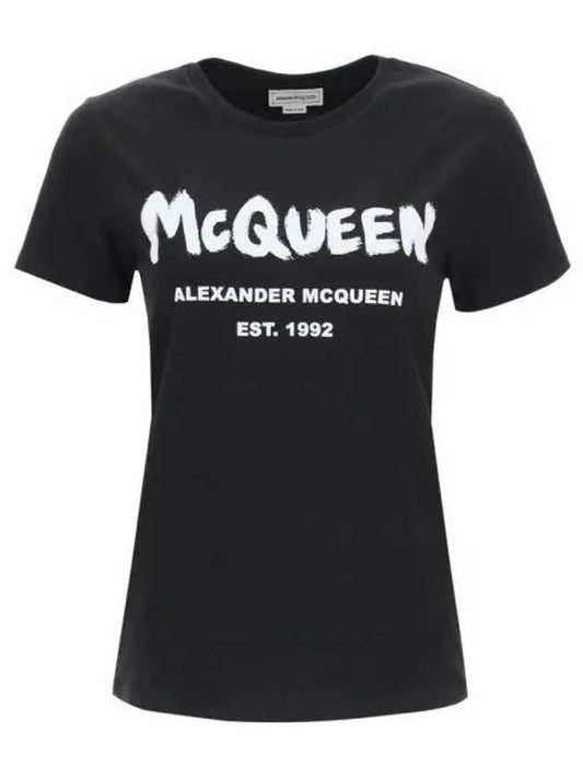 Women's Graffiti Logo Short Sleeve T-Shirt Black - ALEXANDER MCQUEEN - BALAAN 2