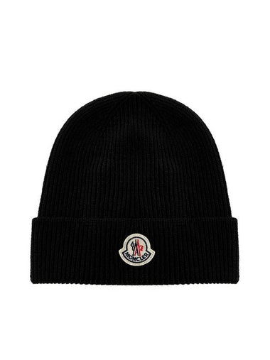 Logo Patch Wool Beanie Black - MONCLER - BALAAN 1