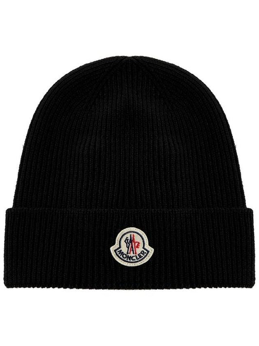 Logo Patch Wool Beanie Black - MONCLER - BALAAN.