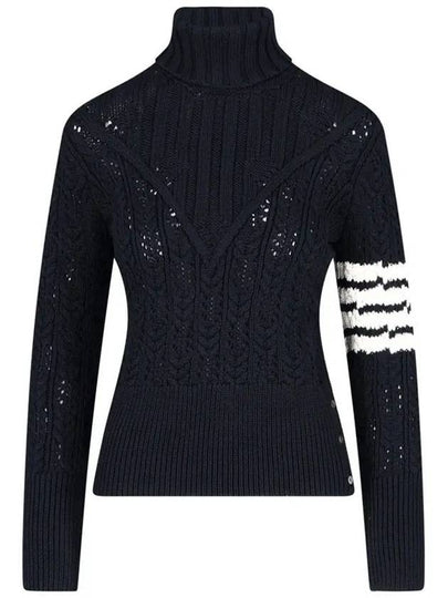 Women's 4 Bar Irish Pointelle Cable Merino Wool Turtleneck Navy - THOM BROWNE - BALAAN 2