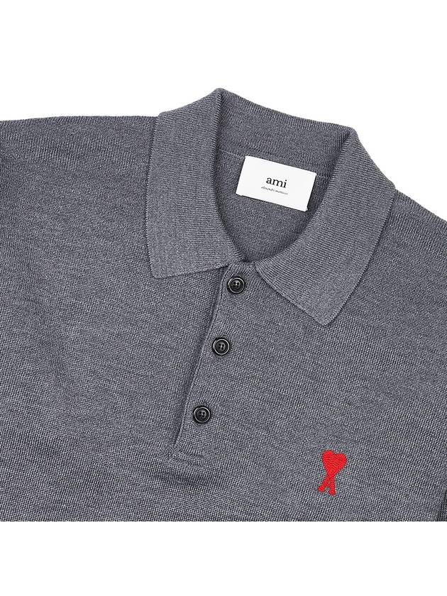 Small Heart Extra Fine Merino Wool Polo Shirt Grey - AMI - BALAAN 8