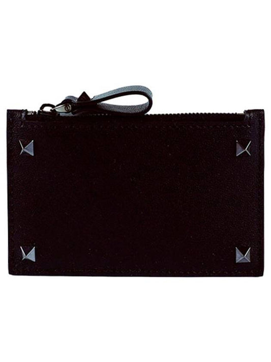 Rockstud Zipper Card Wallet Black - VALENTINO - BALAAN.