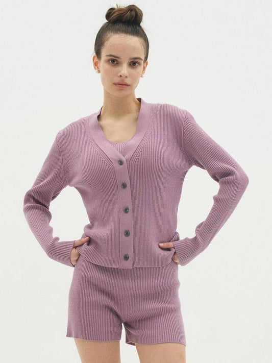 Rib knit setup_Violet _Cardigan sleeveless short pants set - BLONDNINE - BALAAN 1