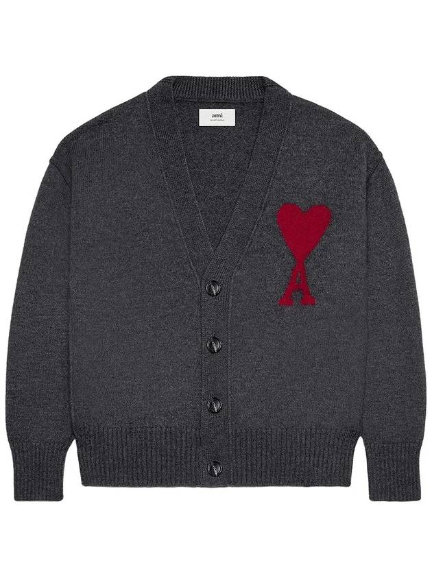 Heart Logo V Neck Wool Cardigan Heather Grey - AMI - BALAAN 3