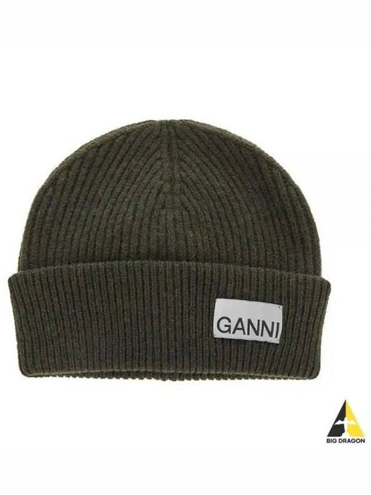 Logo Patch Ribbed Knit Beanie Khaki - GANNI - BALAAN 2