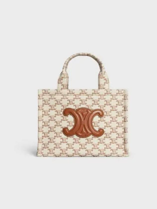 Small Cabas Thais in Textile with Triomphe Canvas Print Calfskin Tote Bag Brown White - CELINE - BALAAN.