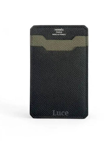 Grain leather logo card wallet twotone black khaki - HERMES - BALAAN 1