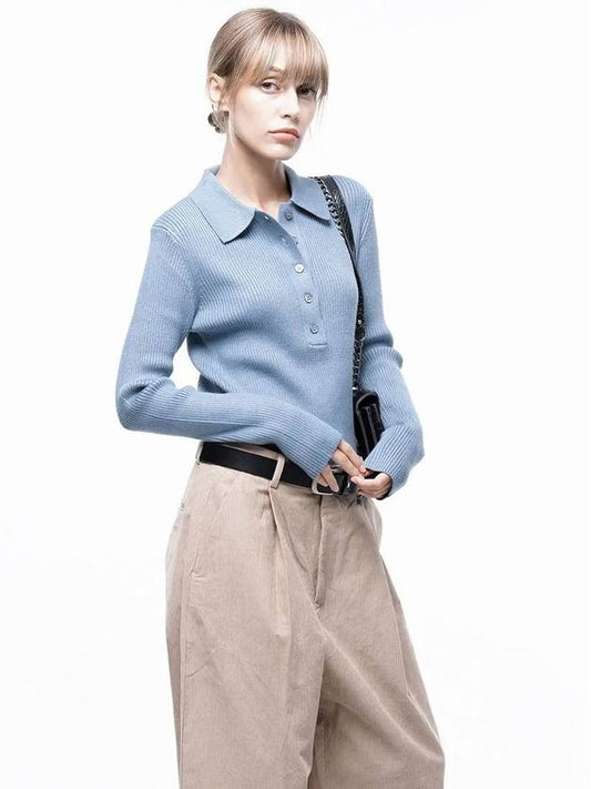 Four Woman Women s Soft Slim Button Collar Knit Sky W243TP08SK - CHANCE'S NOI - BALAAN 1