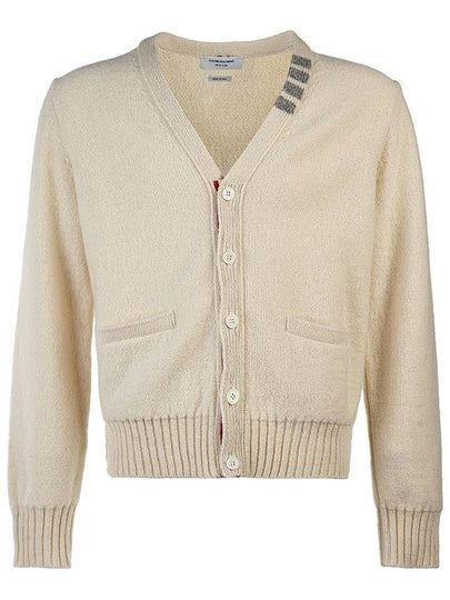 Reverse Jersey Stitch Donegal 4 Bar V Neck Cardigan White - THOM BROWNE - BALAAN 2