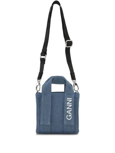 Tech Mini Logo Print Denim Tote Bag Navy - GANNI - BALAAN 1