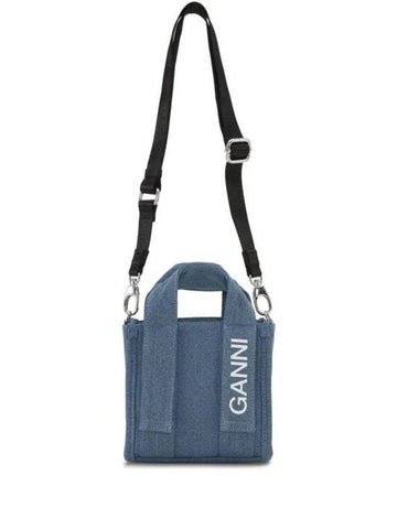 Tech Mini Logo Print Denim Tote Bag Navy - GANNI - BALAAN 1