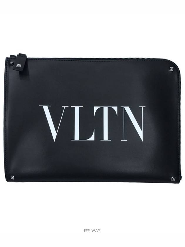 VLTN White Logo Document Clutch Bag Black - VALENTINO - BALAAN 2