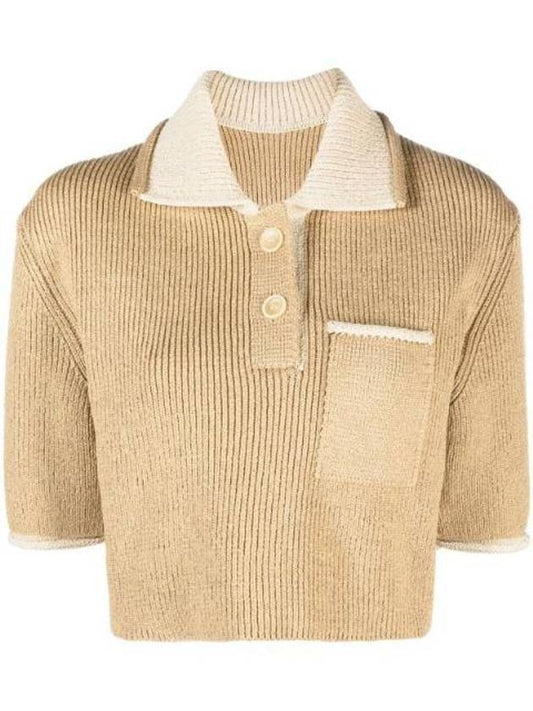 Le Maille Arco Contrasted Cropped Knit Polo Shirt Beige - JACQUEMUS - BALAAN 1