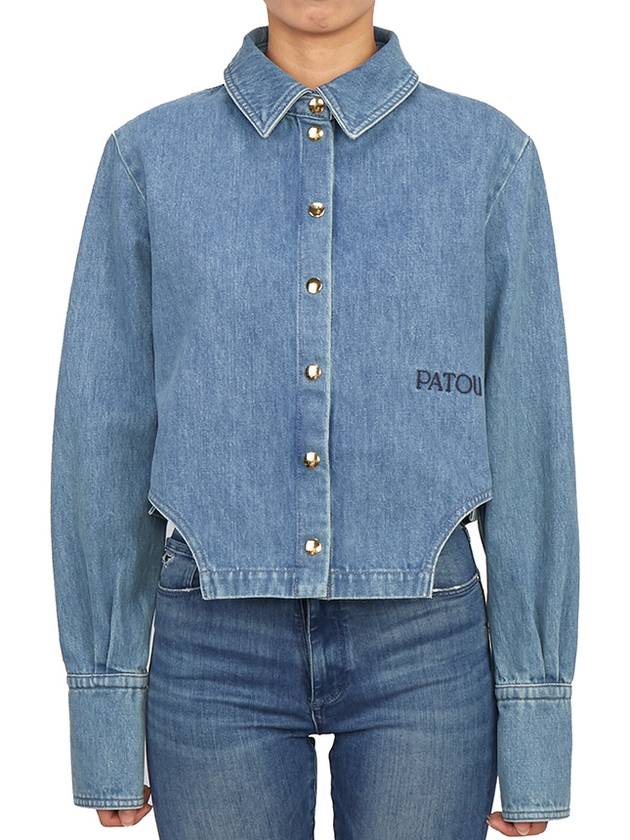 Embroidered Logo Cropped Denim Jacket Light Blue - PATOU - BALAAN 4