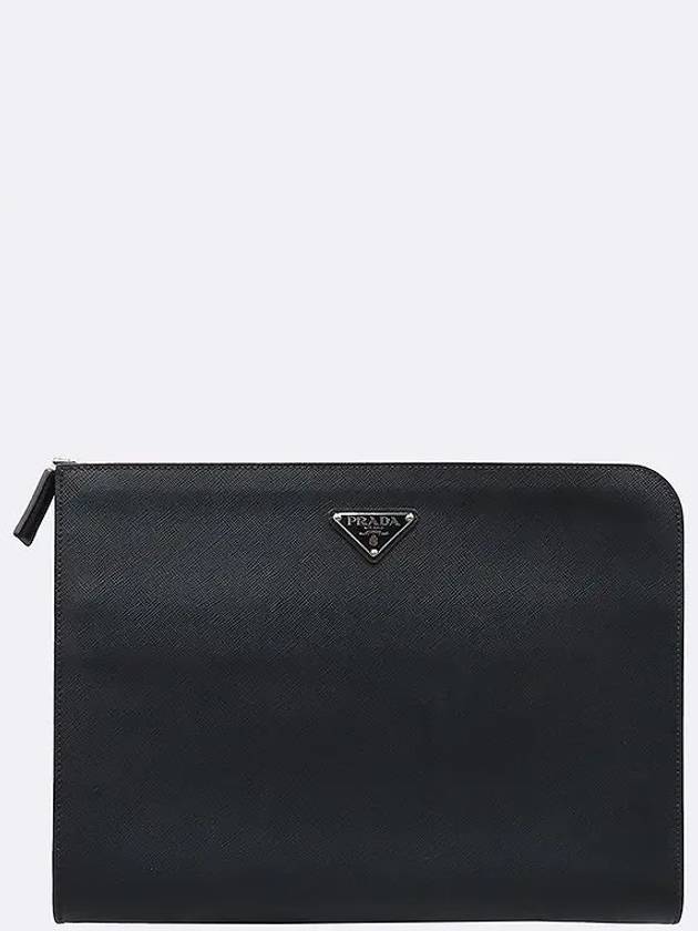 2VN003 Black Saffiano Silver Triangular Logo Document Holder Clutch - PRADA - BALAAN 2