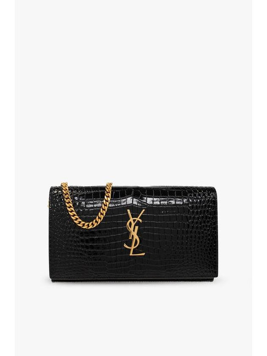 Cassandre Chain Crocodile Embossing Leather Long Wallet Black - SAINT LAURENT - BALAAN 2